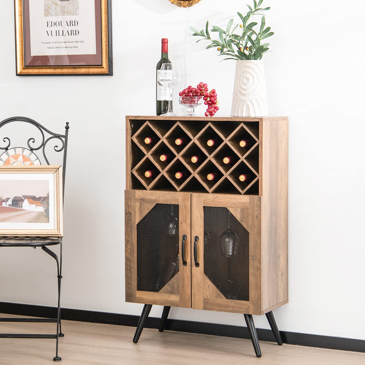 Giantex Farmhouse Buffet Cabinet with Storage, Wine Bar Cabinet 11 Bottles Rack (Brown &amp; Black)