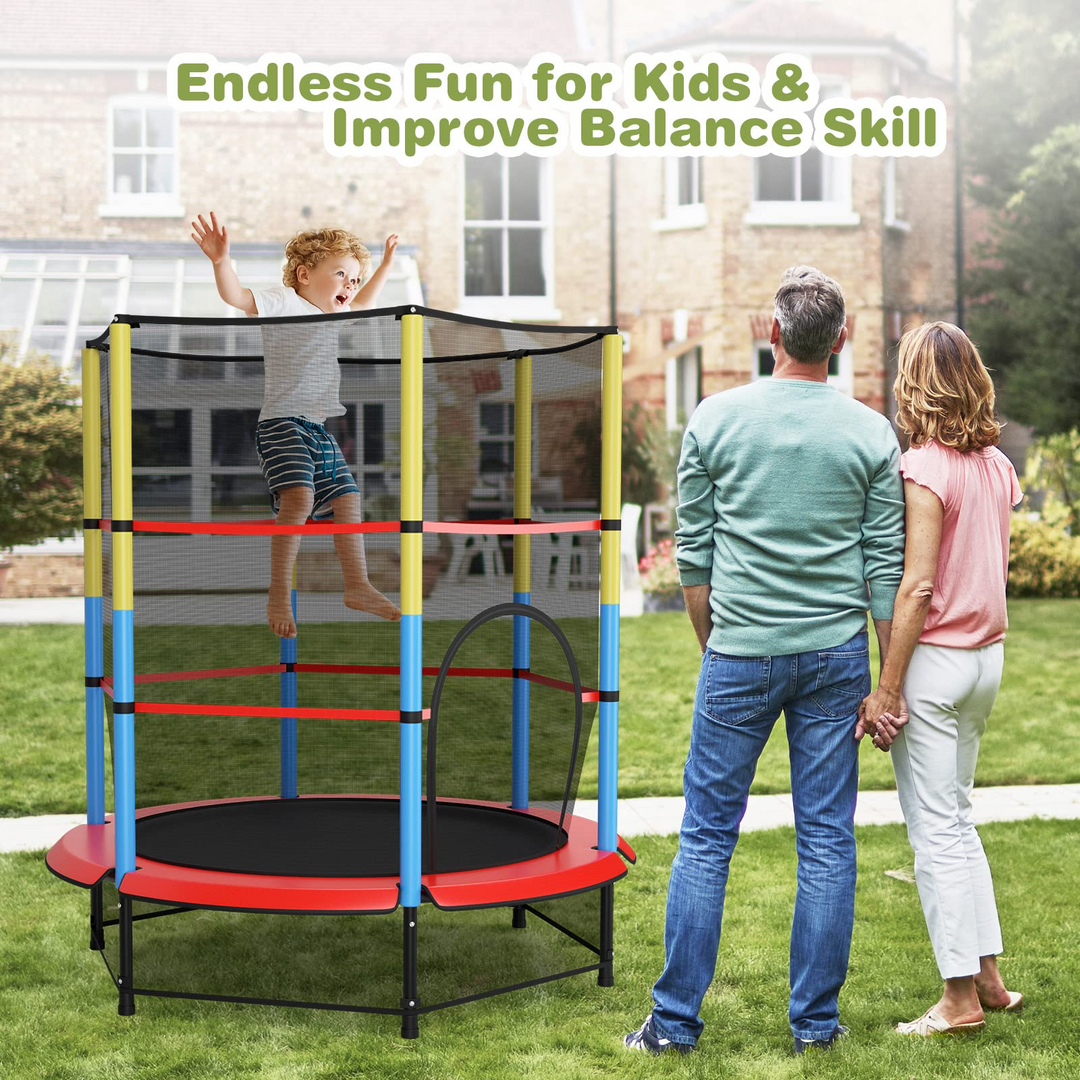 55" Kids Trampoline  with Safety Enclosure Net &amp; Spring Pad