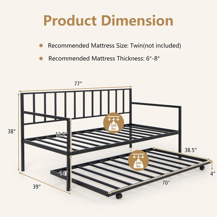 Giantex Metal Daybed with Trundle, Twin Size Daybed with Pullout Trundle &amp; Steel Slat Support, Black