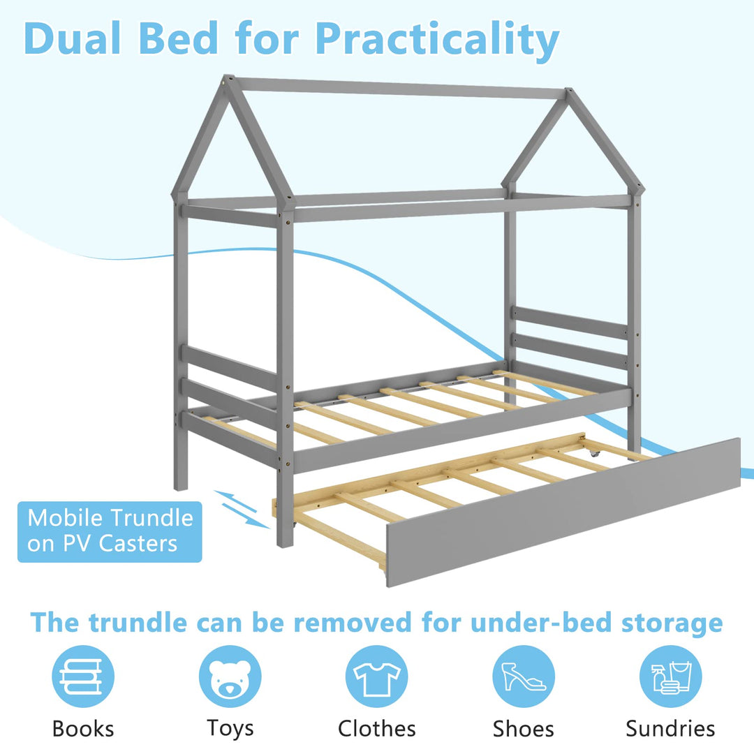 Giantex House Bed with Trundle, Solid Wood Twin Size Daybed for Girls &amp; Boys