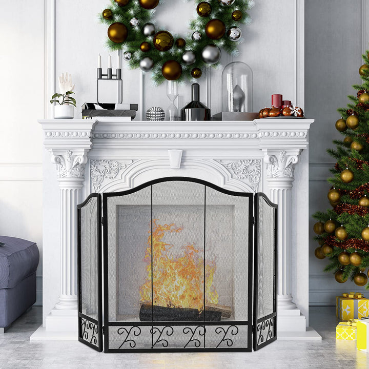 Giantex 3-Panel Folding Fireplace Screen Black - 50 x 31 Inch No Assembly Required Decorative Freestanding Steel Mesh Fire Screen