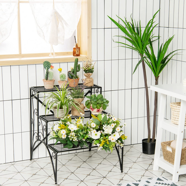 Ladder Style Flower Pot Stand with Widened Grid Shelf &amp; Non-Slip Foot Pads, 3 Tier