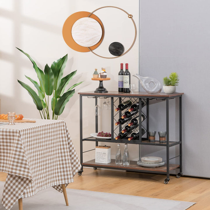 Giantex 3-Tier Wine Bar Cabinet - on Wheels, 8 Bottles Rack &amp; 12 Glasses Hanger (Rustic Brown &amp; Black)