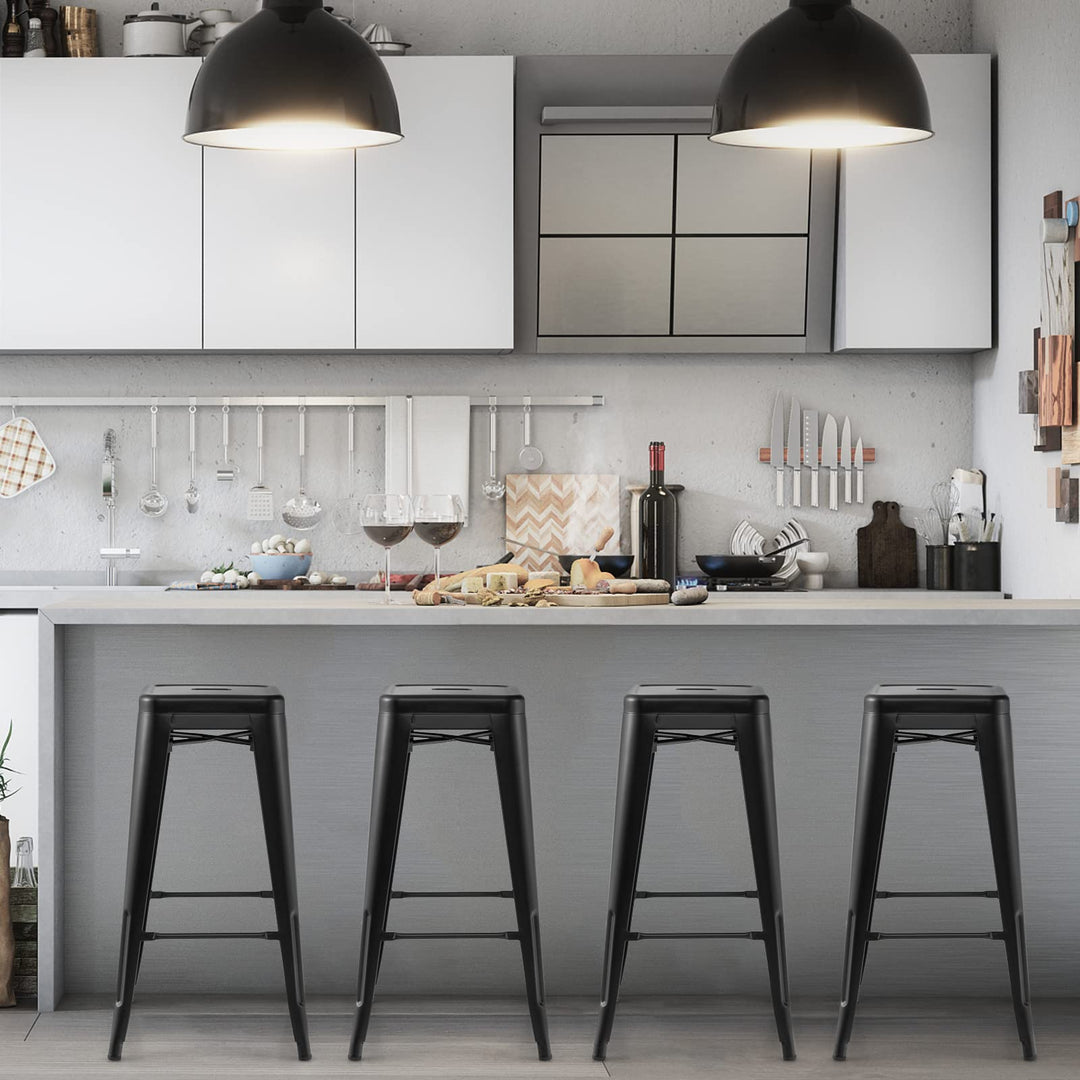 Bar Stools Set of 4, 24” or 30" Stackable Metal Stools with Square Seat &amp; Handing Hole, X-shaped Reinforced Design