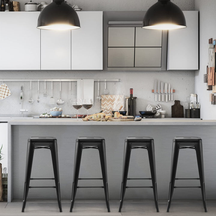 Bar Stools Set of 4, 24” or 30" Stackable Metal Stools with Square Seat &amp; Handing Hole, X-shaped Reinforced Design