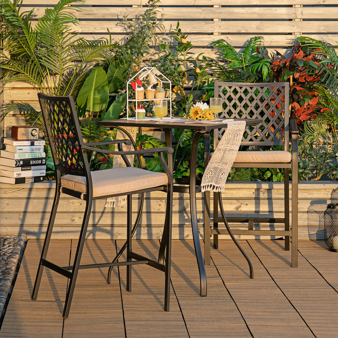 3 Piece Patio Bar Table Set Outdoor Square Bistro Bar Table High Chairs with Cushion Metal Stool