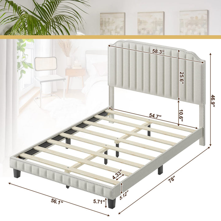 Giantex Queen/Full/Twin Size Upholstered Bed Frame, Linen Platform Bed w/Rivet Headboard, Heavy Duty Mattress Foundation