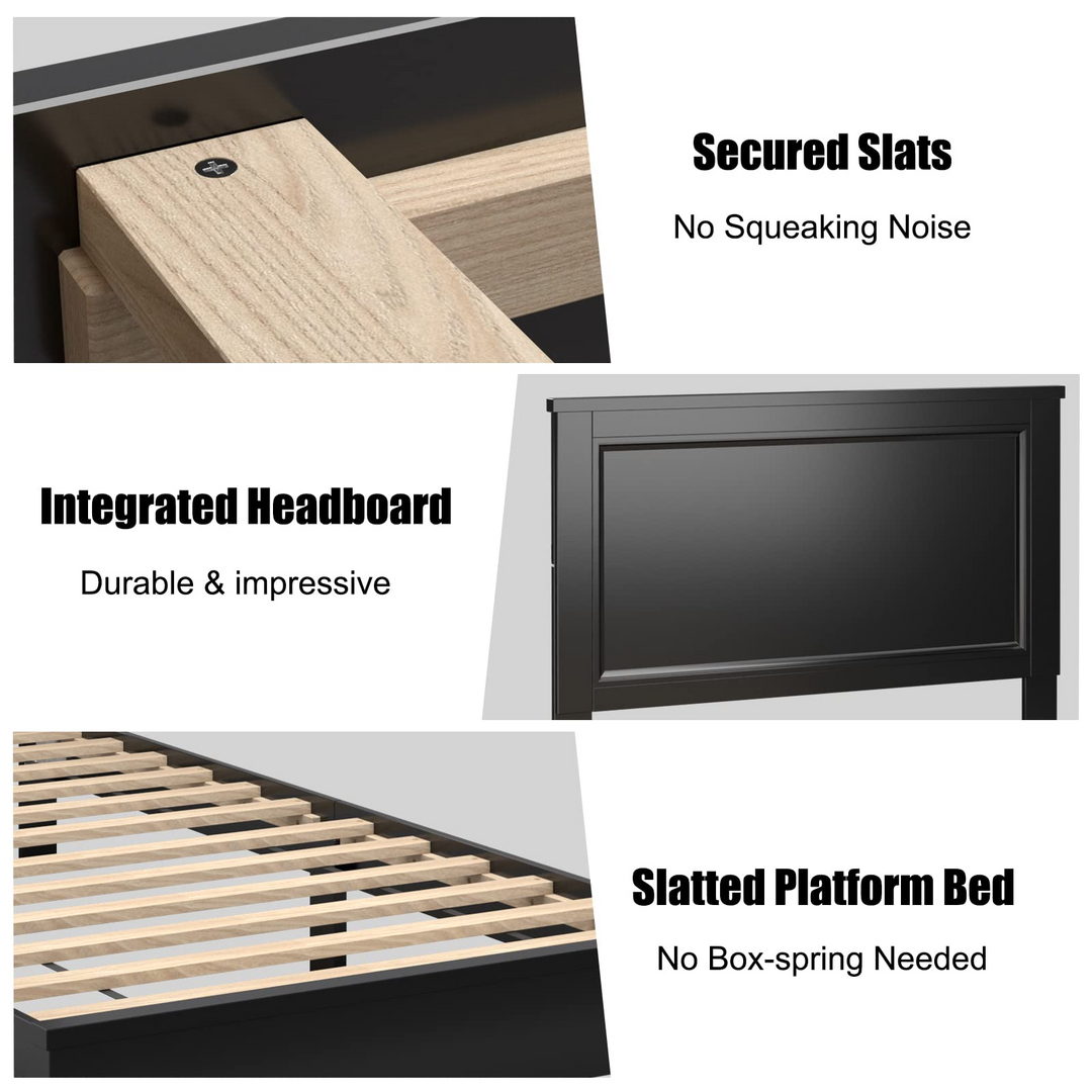 Queen/Full/Twin Size Platform Bed w/ Rubber Wood Legs &amp; Integrated Headboard | Wooden Bed Frame