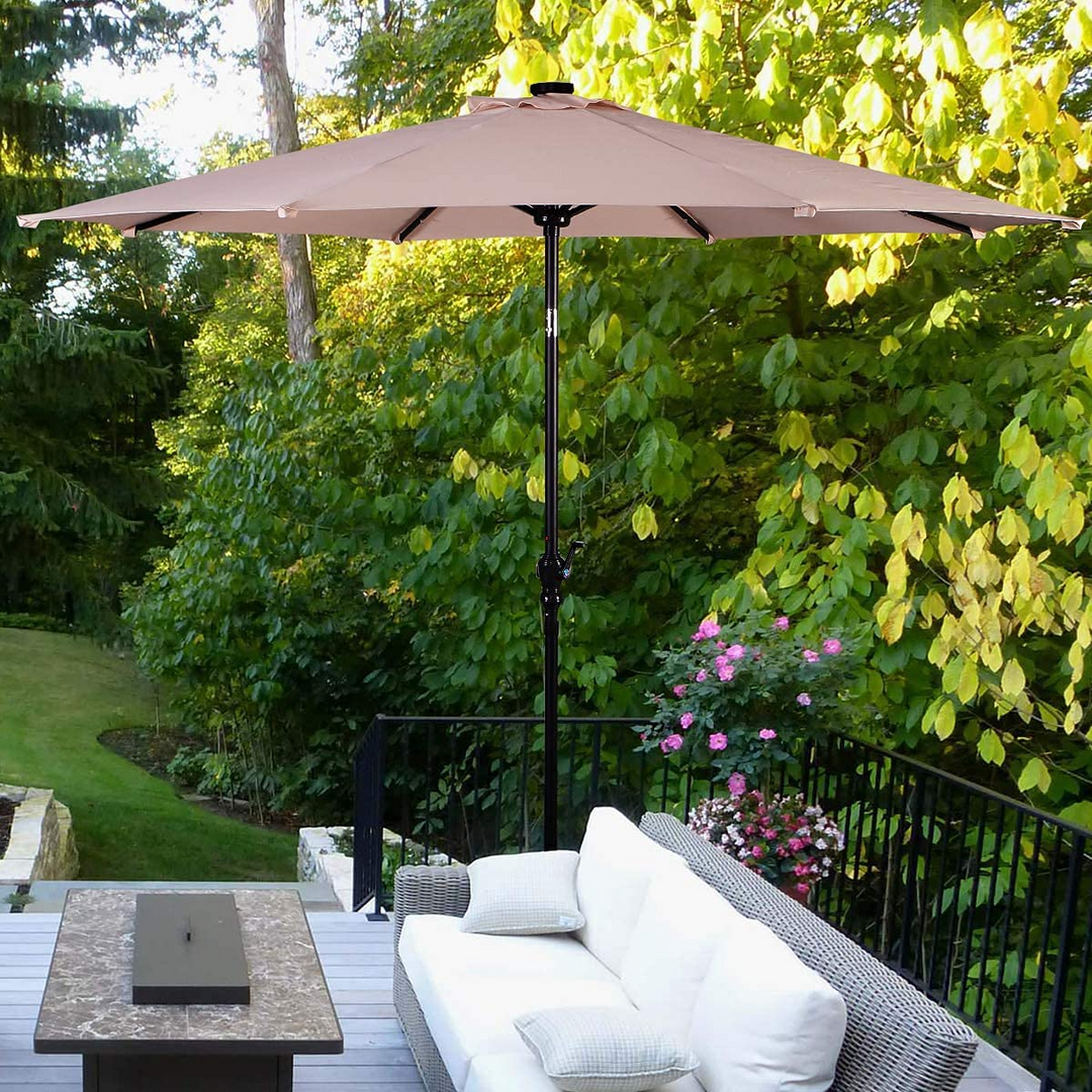 Giantex Patio Umbrella with Base Stand, 10ft Solar Led Lights Outdoor Umbrella and 50 LBS Steel Umbrella Base Stand w/ Wheels