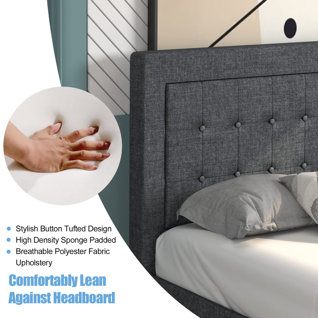 Modern Twin Size Platform Bed w/Button Tufted Headboard | Upholstered Bed Frame