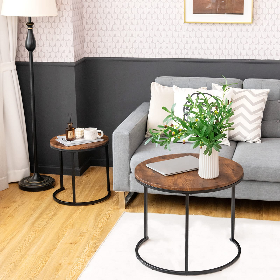 Nesting Coffee Table Set of 2, Round Stacking Side Tables w/Wooden Tabletop &amp; Steel Frame
