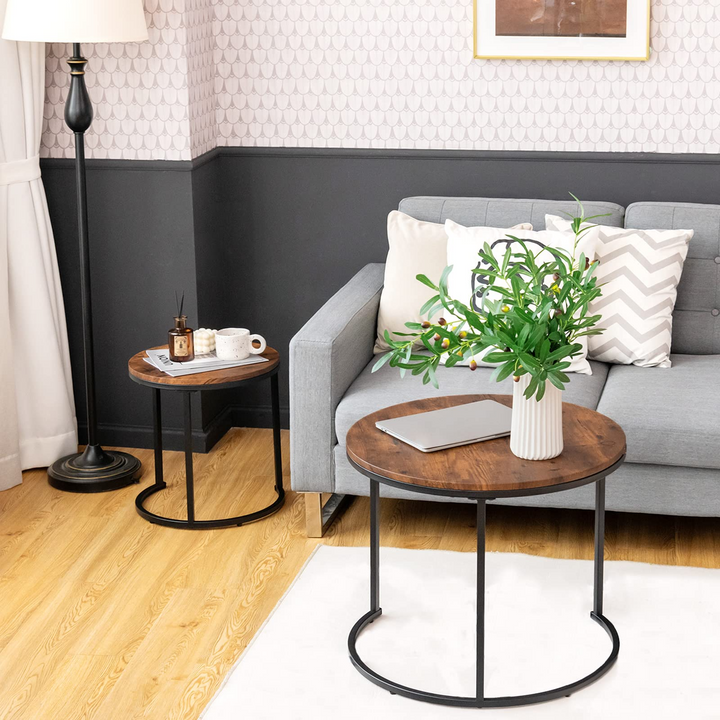 Nesting Coffee Table Set of 2, Round Stacking Side Tables w/Wooden Tabletop &amp; Steel Frame