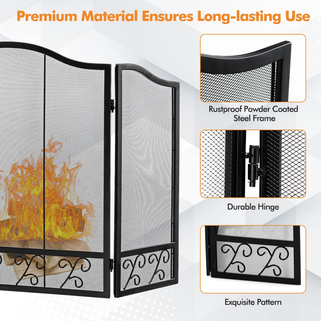 Giantex 3-Panel Folding Fireplace Screen Black - 50 x 31 Inch No Assembly Required Decorative Freestanding Steel Mesh Fire Screen