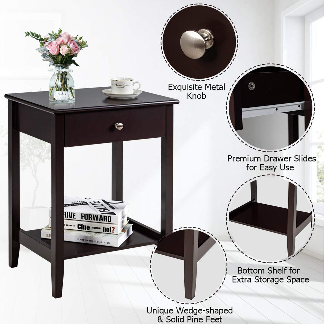 Nightstand Wooden 2-Tier Couch Sofa Side Table with Drawer, End Table