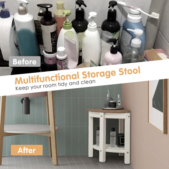 Giantex Corner Shower Stool Waterproof - HDPE Shower Bench Seat with Storage Shelf