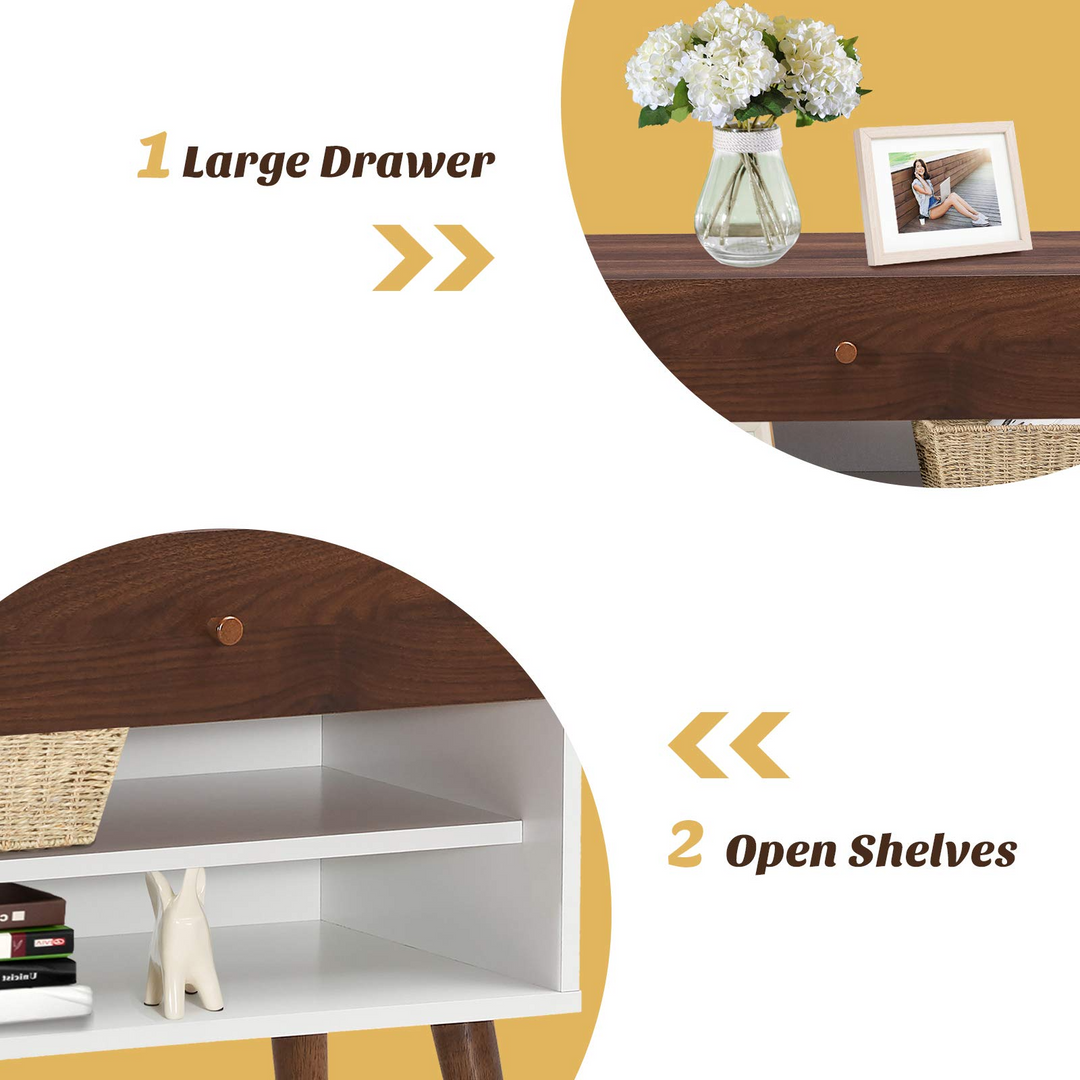 Nightstand with Drawer and Storage Shelves &amp; Rubber Wood Legs, Brown&amp;White