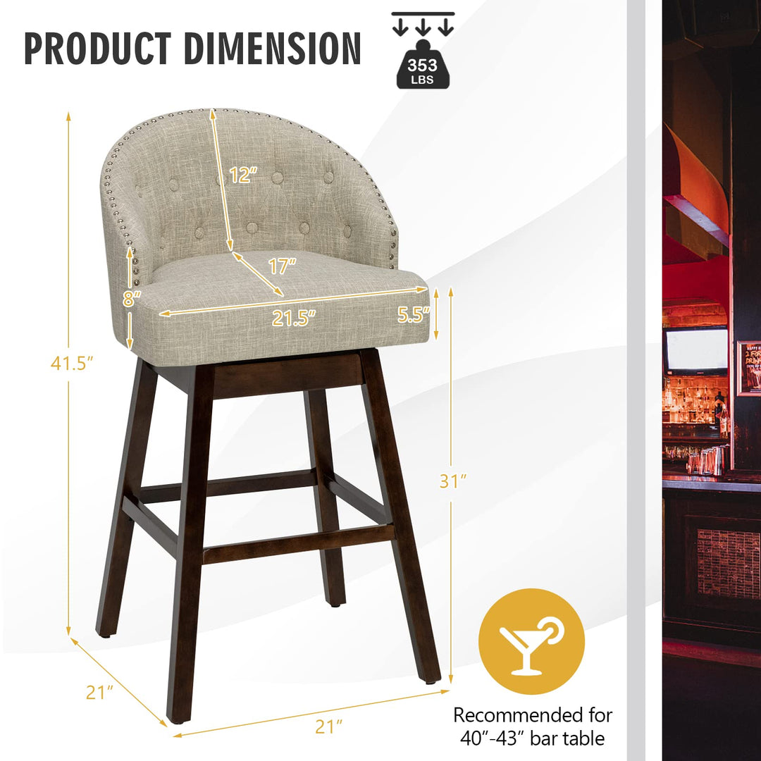 Bar Stools Set of 2, 31’’ Swivel Bar Stools with Rubber Wood Legs &amp; Padded Back