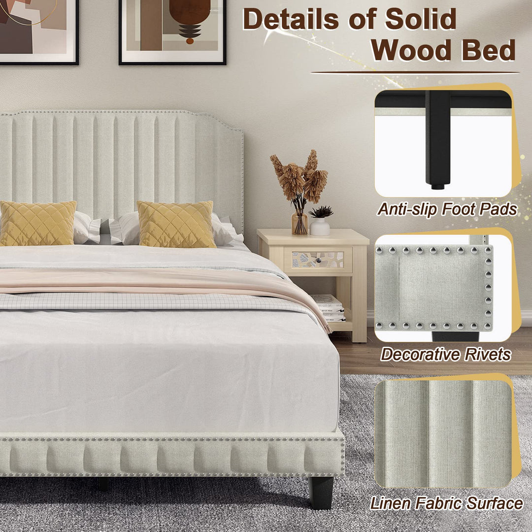 Giantex Queen/Full/Twin Size Upholstered Bed Frame, Linen Platform Bed w/Rivet Headboard, Heavy Duty Mattress Foundation