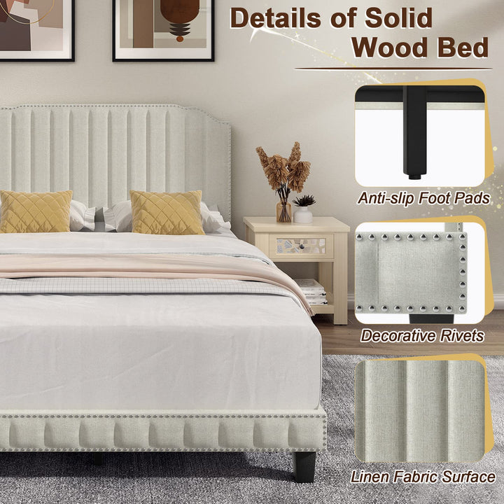 Giantex Queen/Full/Twin Size Upholstered Bed Frame, Linen Platform Bed w/Rivet Headboard, Heavy Duty Mattress Foundation