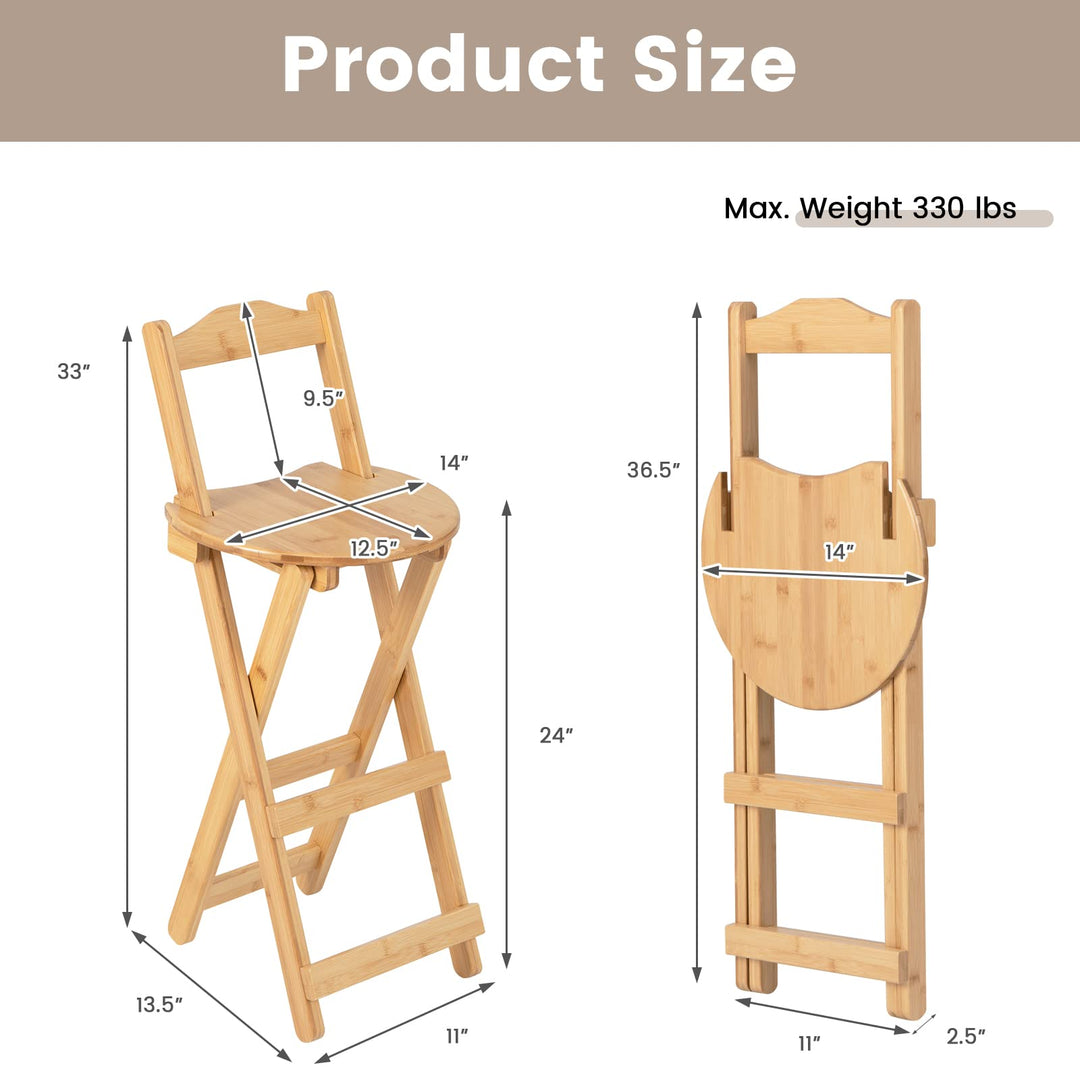 Folding Bamboo Bar Stools 24” Kitchen Counter Height Stool with Backrest &amp; Footrest