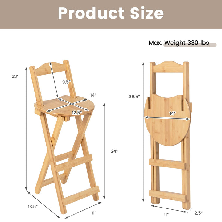 Folding Bamboo Bar Stools 24” Kitchen Counter Height Stool with Backrest &amp; Footrest