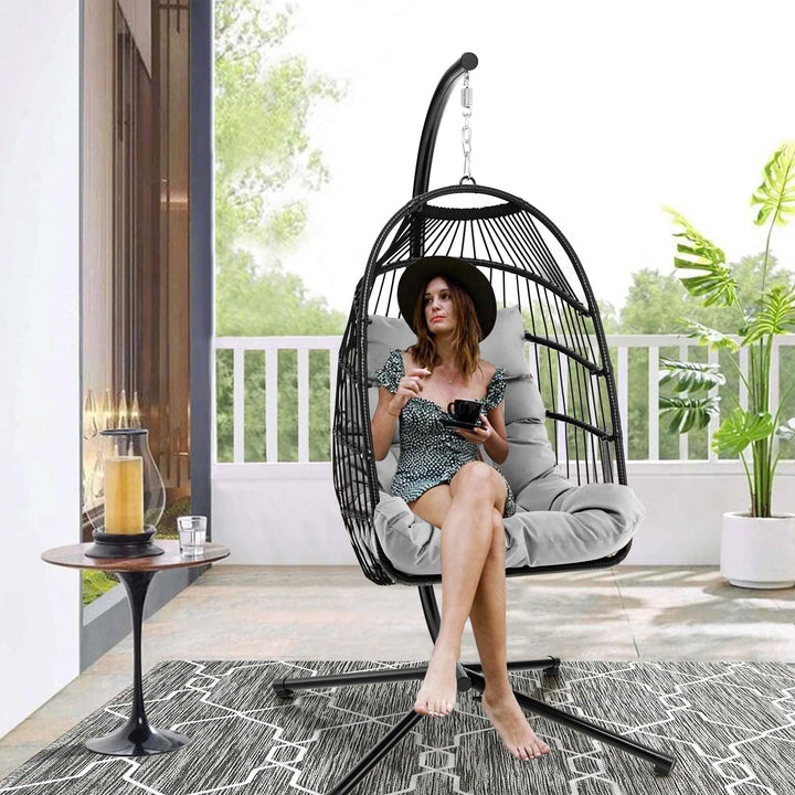 Giantex Egg Chair with Stand, Hanging Basket Chair Hammock Chair w/ Steel Stand Pillow Seat Cushion Rattan Basket &amp; Dust Cover