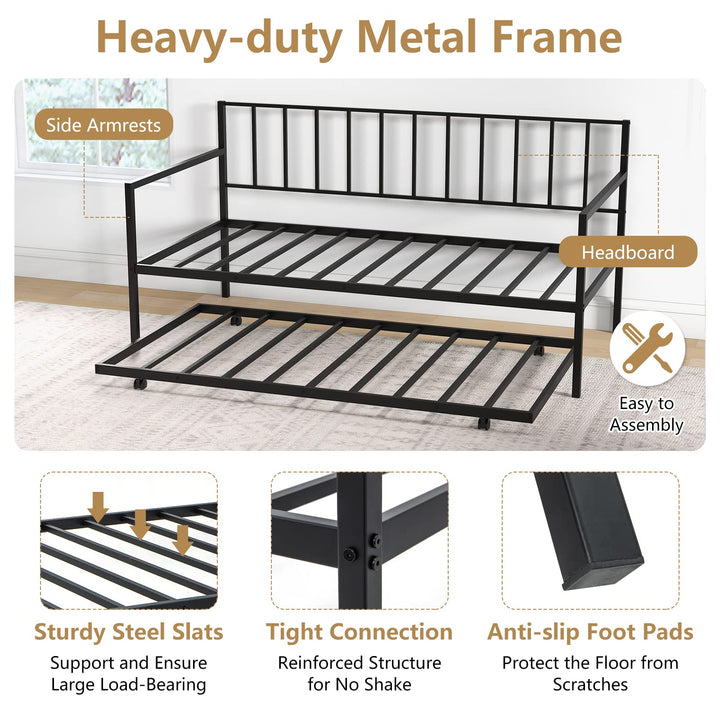 Giantex Metal Daybed with Trundle, Twin Size Daybed with Pullout Trundle &amp; Steel Slat Support, Black