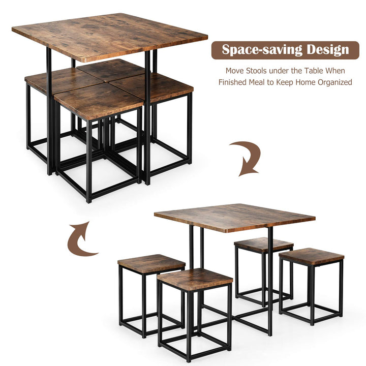 5 Piece Dining Table Set, Dining Set for 4 with Square Stools, Walnut &amp; Black