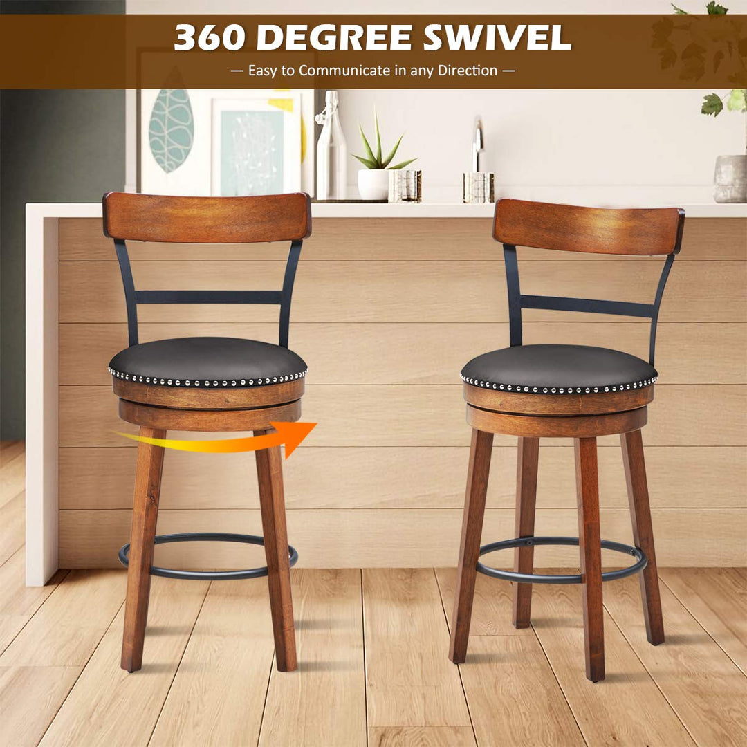 360-Degree Swivel Stools with Leather Padded Seat, Single Slat Ladder Back &amp; Solid Rubber Wood Legs