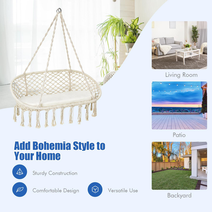 Hammock Chair 2 Seat, Macrame Hanging Chair with Cushion