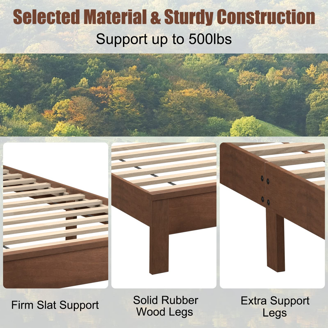 Queen/Full/Twin Size Platform Bed w/ Rubber Wood Legs &amp; Integrated Headboard | Wooden Bed Frame
