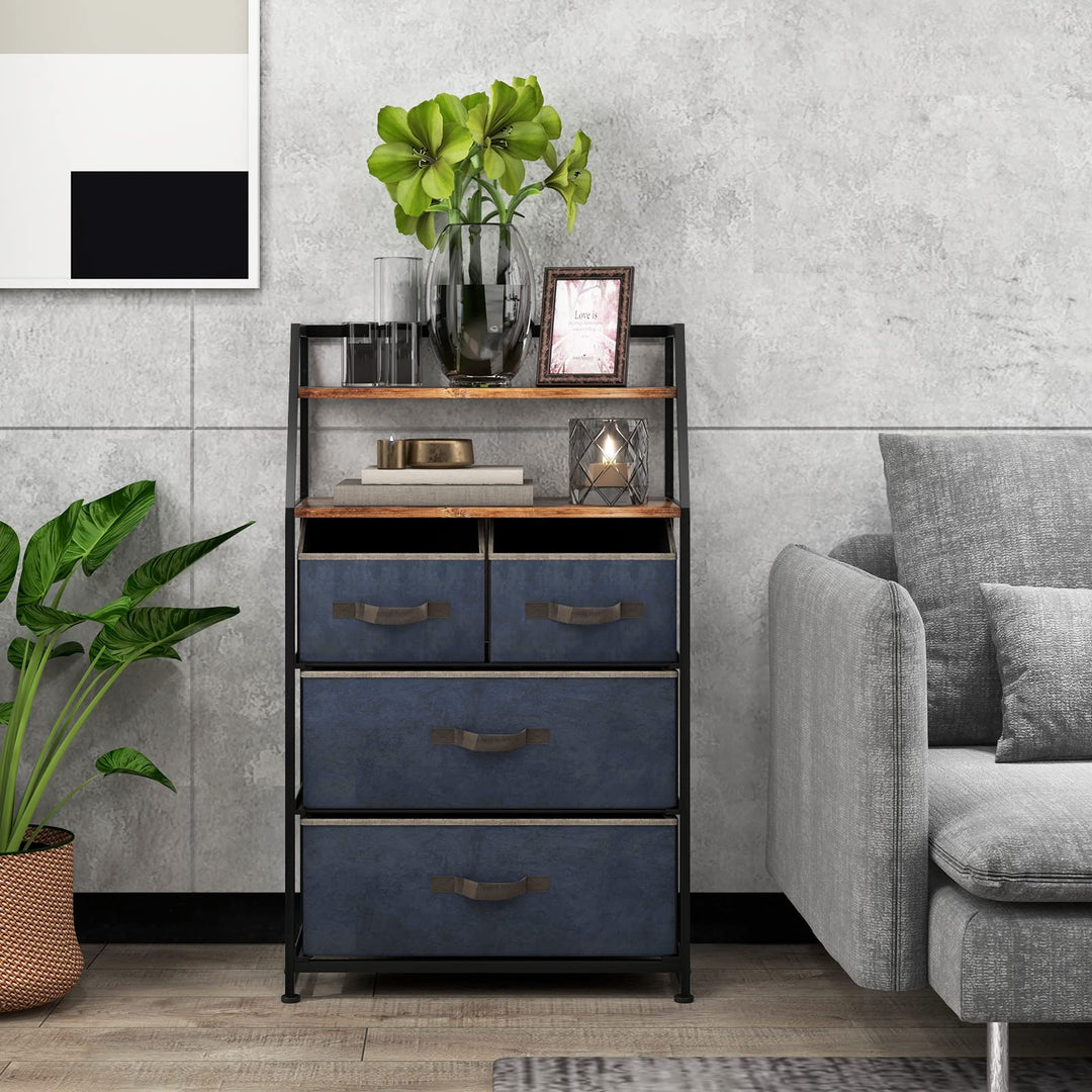 Giantex 4-Drawer Storage Dresser for Bedroom - Tall Storage Tower Unit with 2-Tier Shelf &amp; Fabric Bins