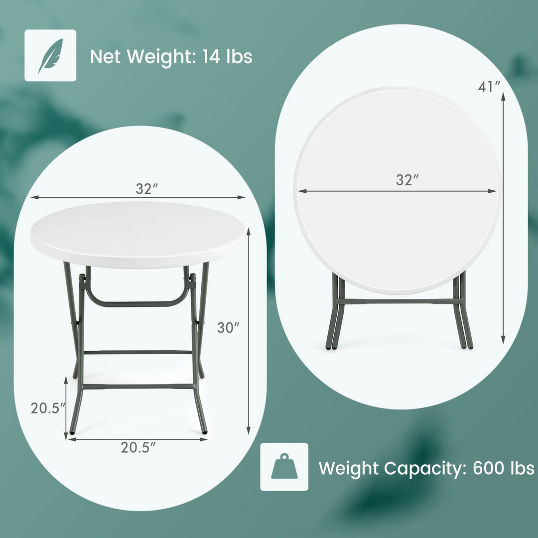 Giantex 32 Inches Round Folding Table, Portable Plastic Card Table with Thickened HDPE Tabletop and Sturdy Metal Frame, White