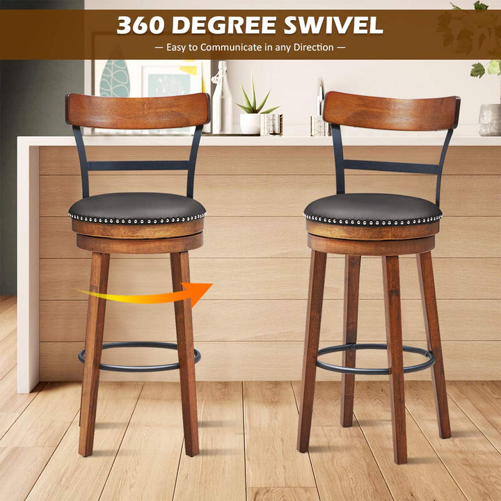 360-Degree Swivel Stools with Leather Padded Seat, Single Slat Ladder Back &amp; Solid Rubber Wood Legs