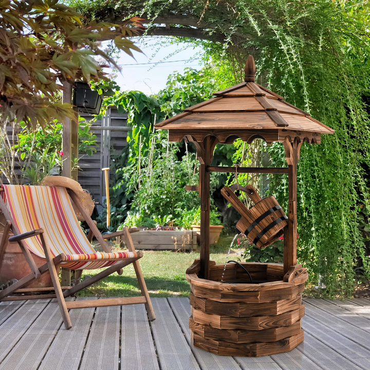 Giantex Rustic Wishing Well Fountain, Outdoor Wooden Water Fountain with Electric Pump