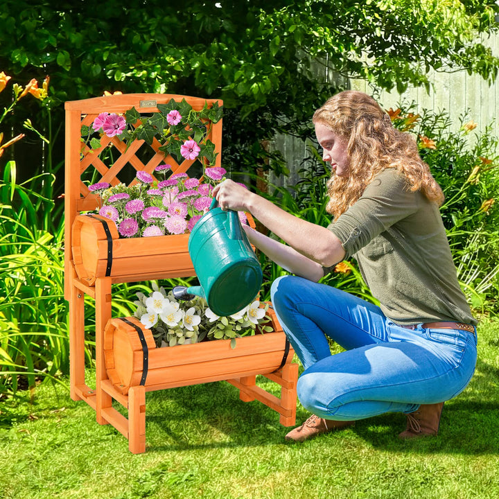 Giantex Raised Garden Bed with 2 Barrel Planters &amp; Trellis, 2-Tier Freestanding Wooden Raised Bed for Vegetable Flower Fruit