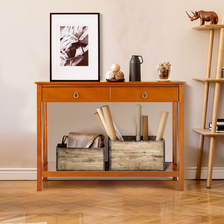 Console Table Entryway Sofa Side Table with 2 Drawers &amp; Open Shelf