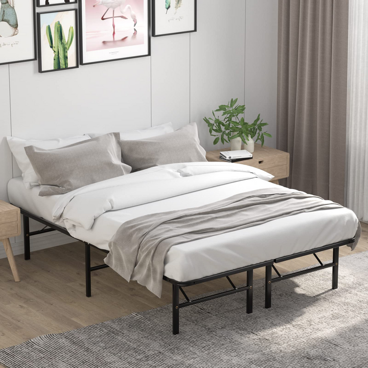 Queen/Full/Twin Size 14 Inch Foldable Metal Mattress Foundation | Heavy Duty Bed Frame with Steel Slat
