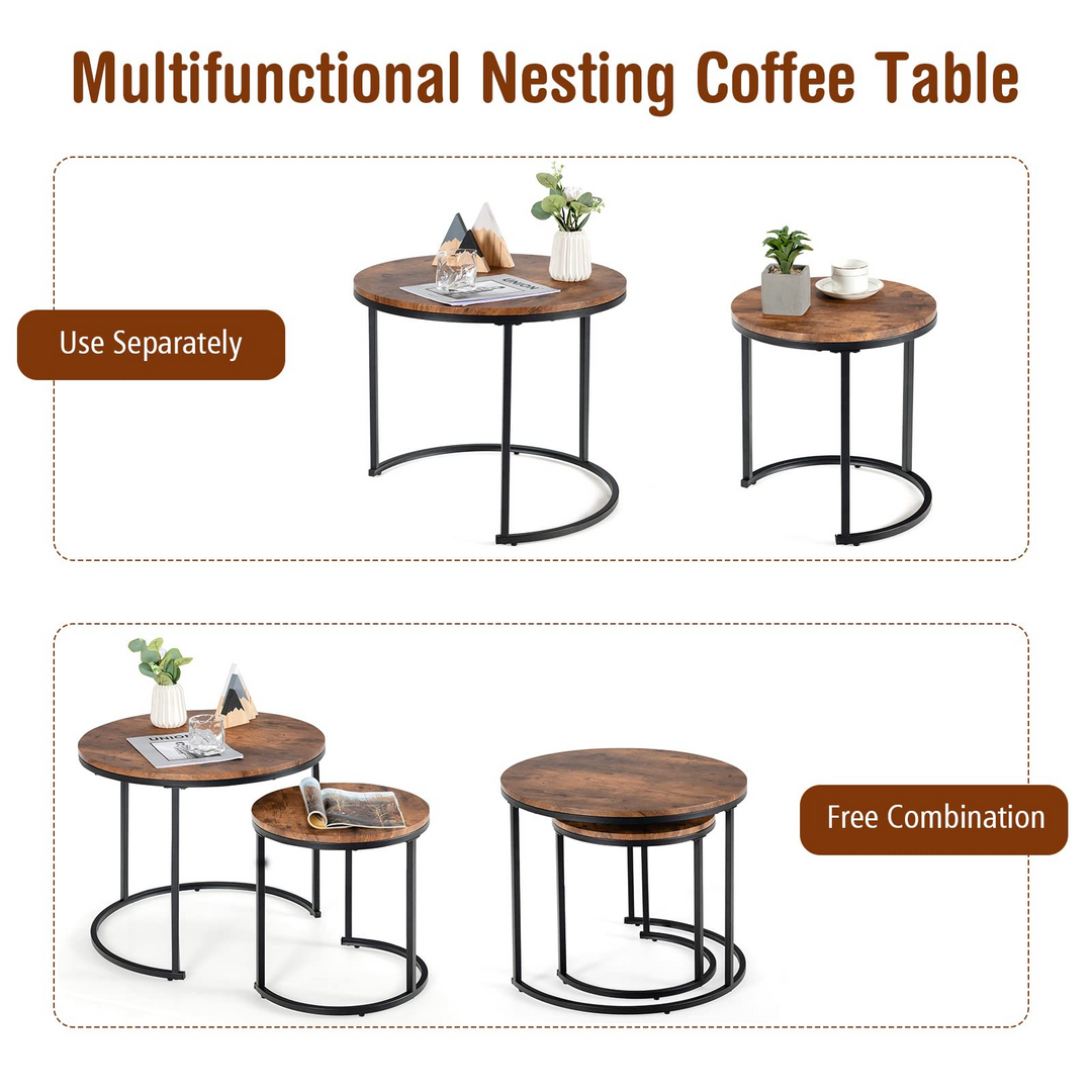 Nesting Coffee Table Set of 2, Round Stacking Side Tables w/Wooden Tabletop &amp; Steel Frame