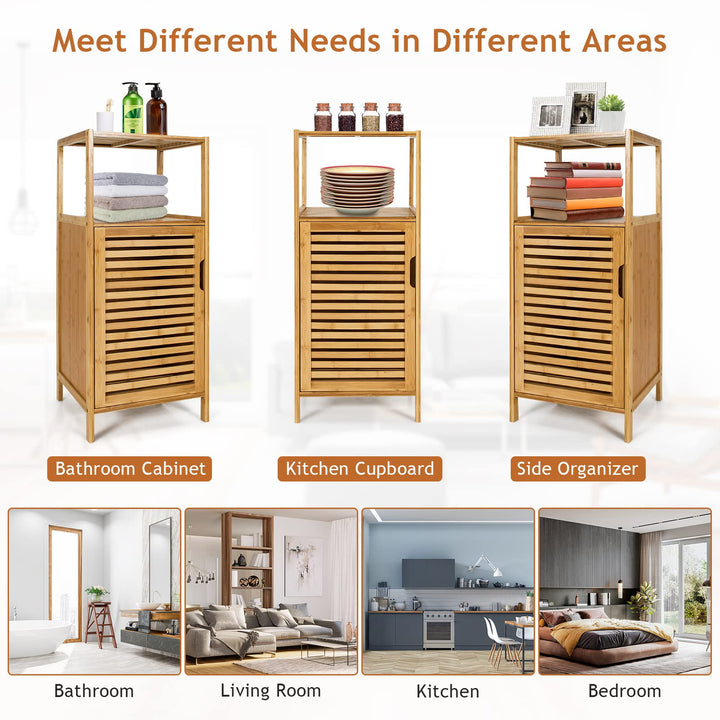 Giantex Bathroom Floor Cabinet, Bamboo Storage Cabinet w/Single Door &amp; Open Shelves
