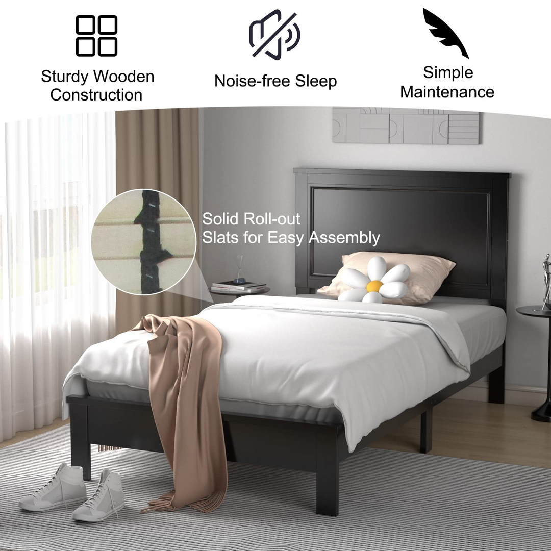 Queen/Full/Twin Size Platform Bed w/ Rubber Wood Legs &amp; Integrated Headboard | Wooden Bed Frame
