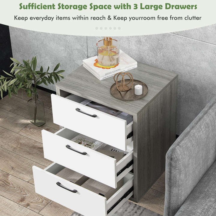 Giantex Storage Drawer Dresser - Wood End Table, Night Stand with 3 Drawers (1, White &amp; Gray)