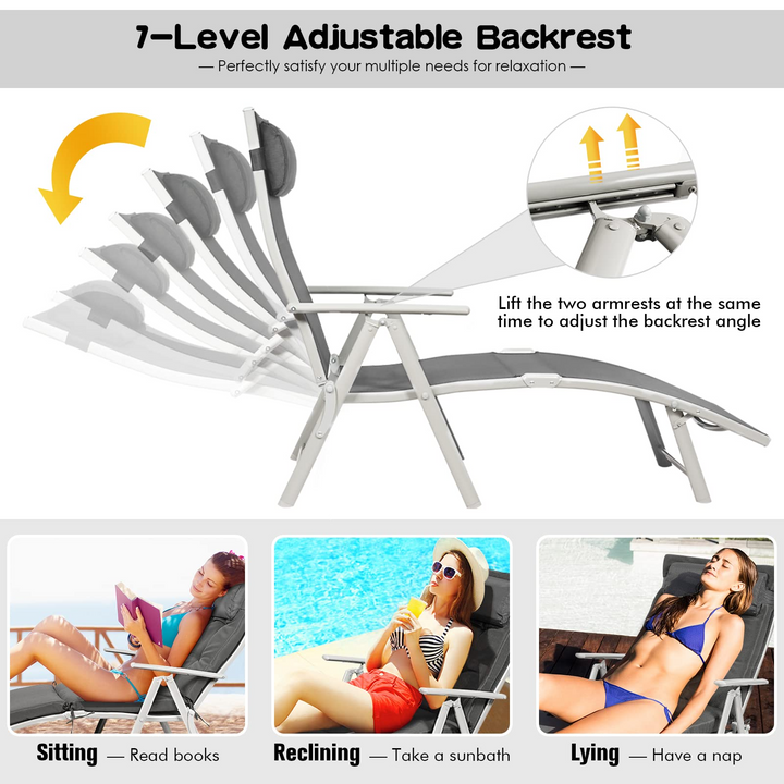 Pool Folding Reclining Beach Chair W/Removable Cushion&amp;Headrest Pillow