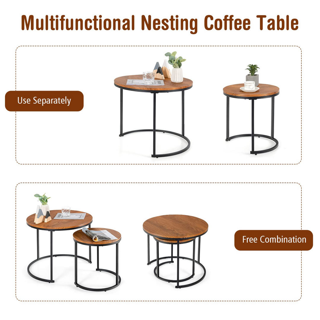 Nesting Coffee Table Set of 2, Round Stacking Side Tables w/Wooden Tabletop &amp; Steel Frame