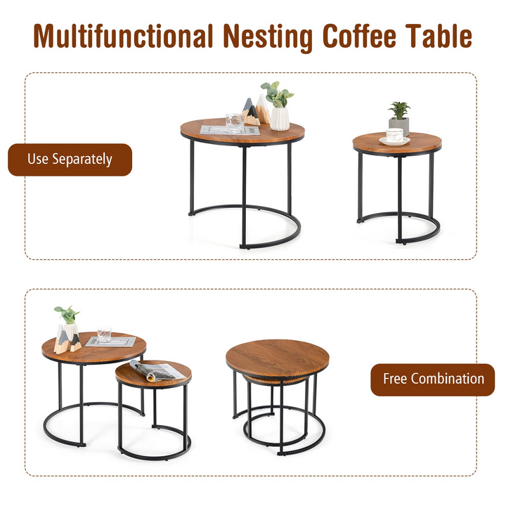 Nesting Coffee Table Set of 2, Round Stacking Side Tables w/Wooden Tabletop &amp; Steel Frame