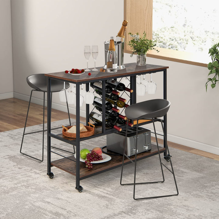 Giantex 3-Tier Wine Bar Cabinet - on Wheels, 8 Bottles Rack &amp; 12 Glasses Hanger (Rustic Brown &amp; Black)