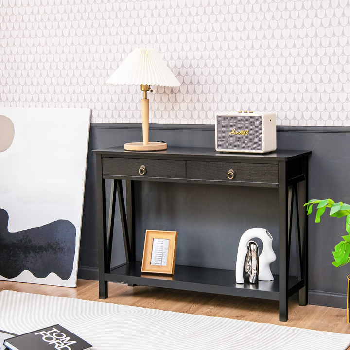 Console Table Entryway Sofa Side Table with 2 Drawers &amp; Open Shelf