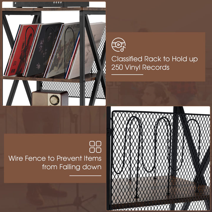Giantex Record Player Stand, Vinyl Record Storage Table w/ 3 M-shaped Dividers &amp; 4 Rolling Wheels, Rustic Brown