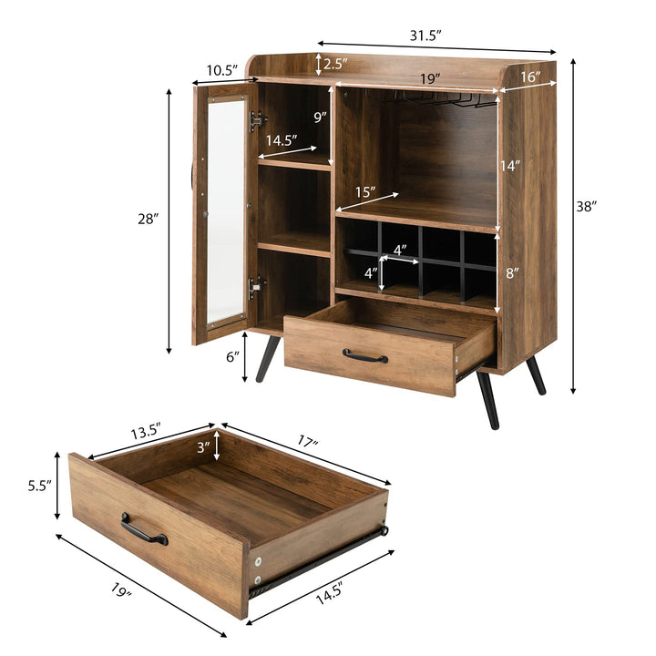 Giantex Buffet Sideboard with Drawer, Wine Cabinet for 8 Bottles, Glass Holder, 3 Tier Cupboard Tempered Glass Door (Rustic Brown &amp; Black)