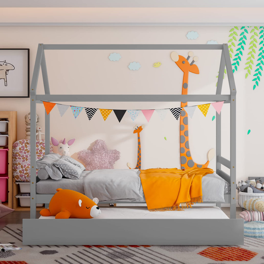 Giantex House Bed with Trundle, Solid Wood Twin Size Daybed for Girls &amp; Boys